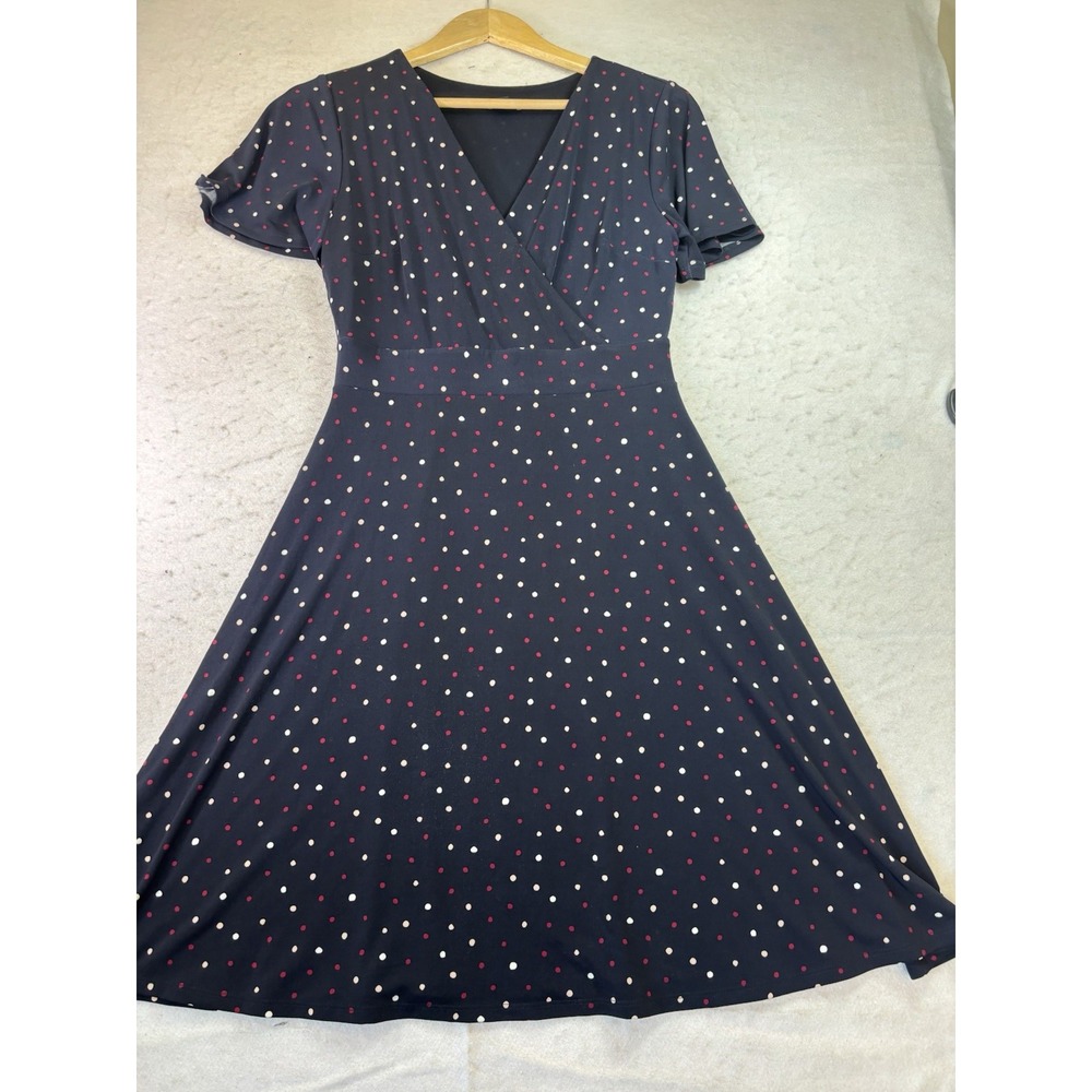 Ann Taylor Factory Polka Dot Faux Wrap Dress Sz XS Sh/SL A-Line Navy Office